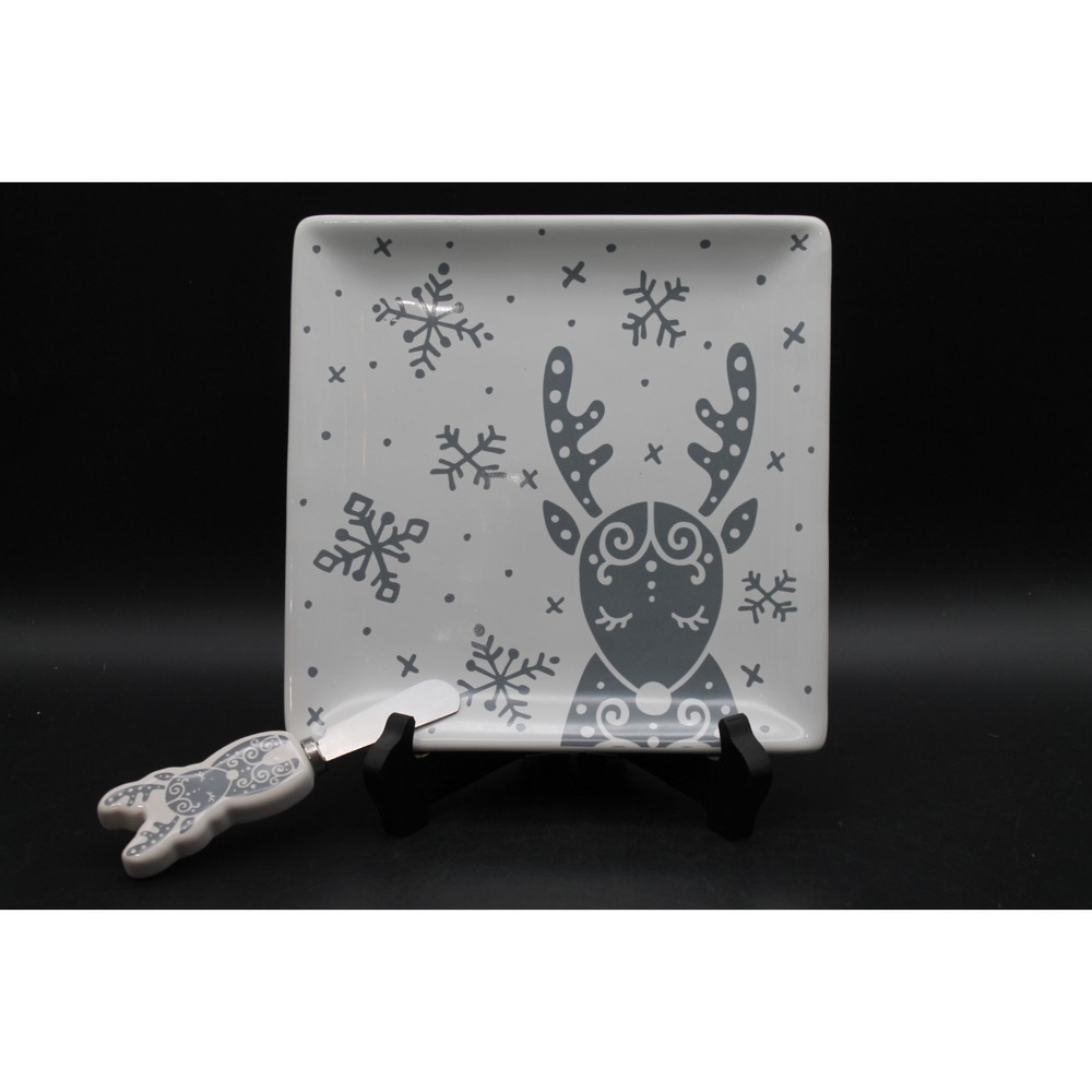 Temp-tations by Tara Reindeer Appetizer Plate & Spreader Set Christmas NWOB